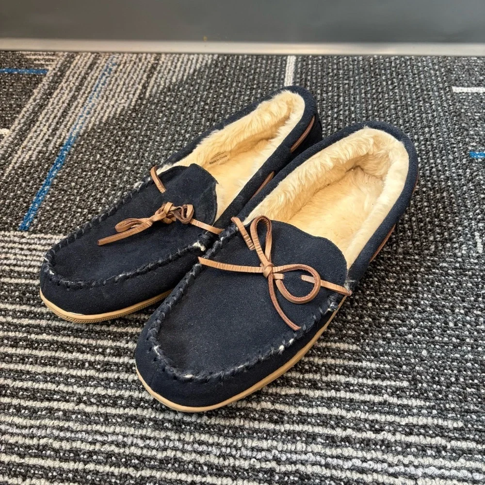 J Crew Men's 10 Navy Suede Slippers faux Fur Lined
